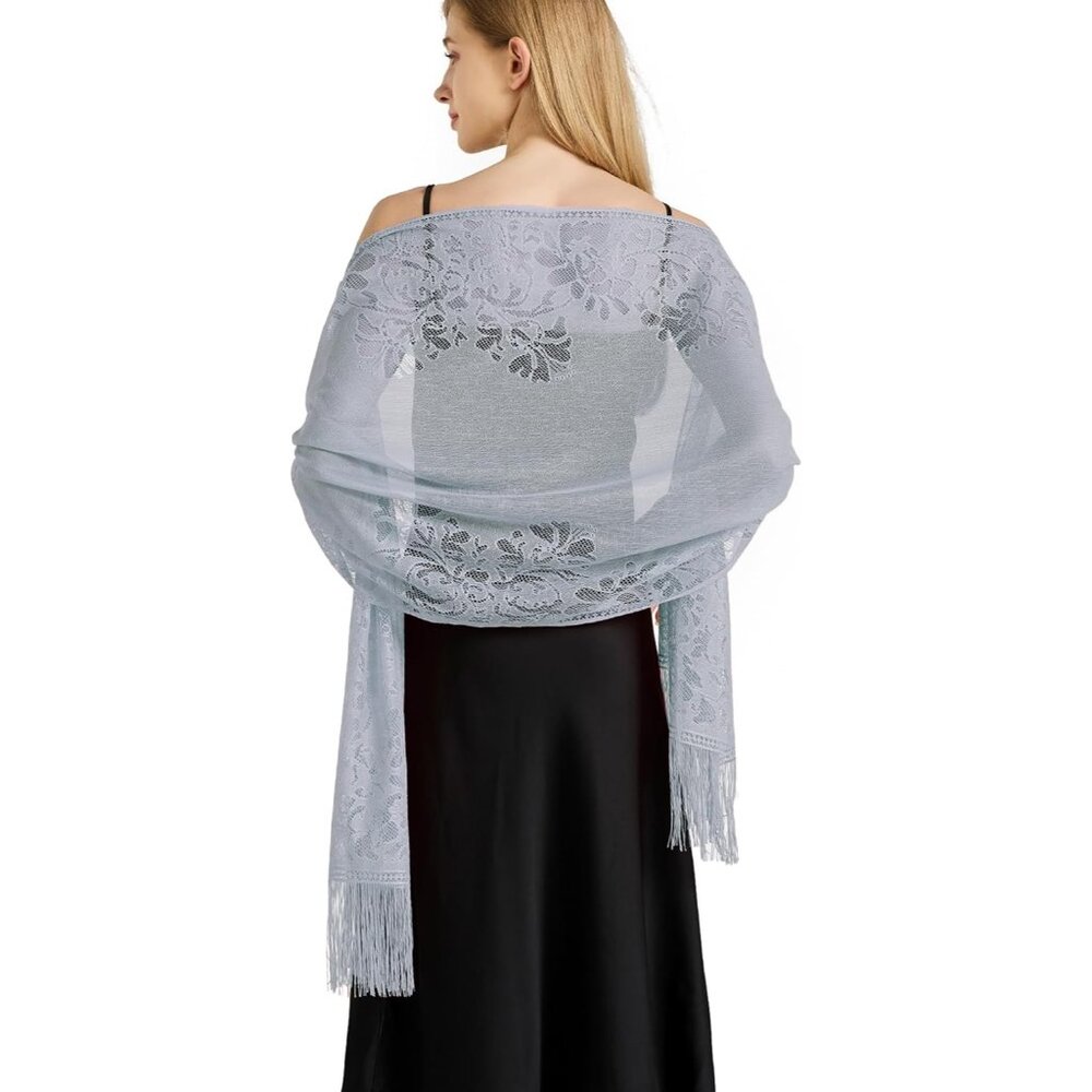 Women Gray Lace Floral Shawls and Wraps Bridal HeadScarf for Evening Dress
